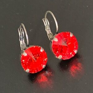 Fabulous Red Crystal Drop Earrings: Antique Silver Finish, 12mm Light Siam